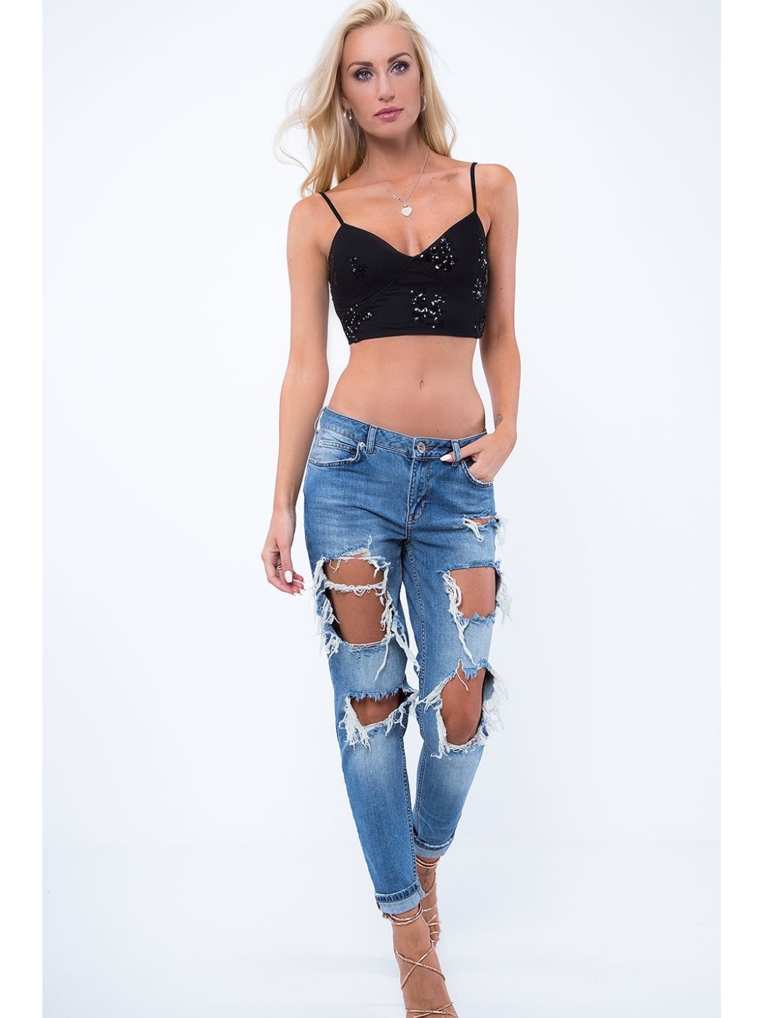 Schwarzes, paillettenbesetztes Crop-Top ZZ279 – Online-Shop – Boutique